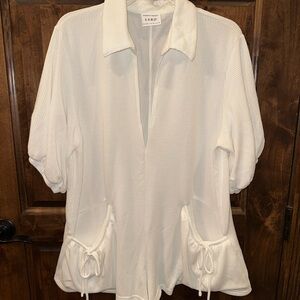 SABO White Ribbed V-Neck Romper with Drawstring Pockets